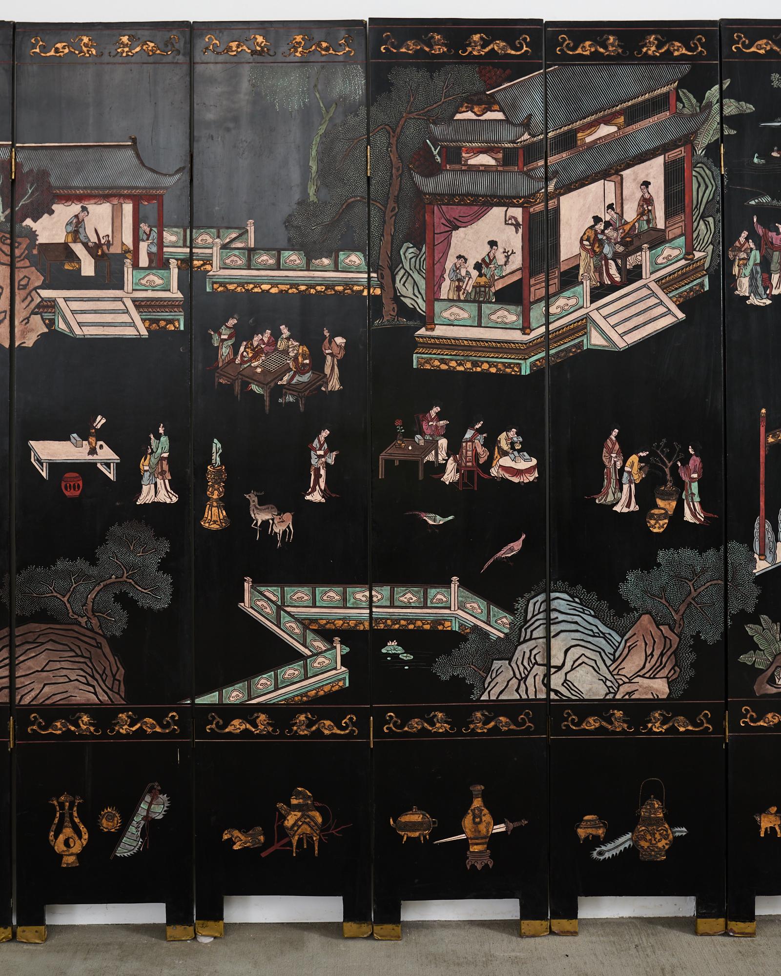 Laccato Esportazione cinese di otto pannelli Coromandel Screen Pagoda Courtyard in vendita
