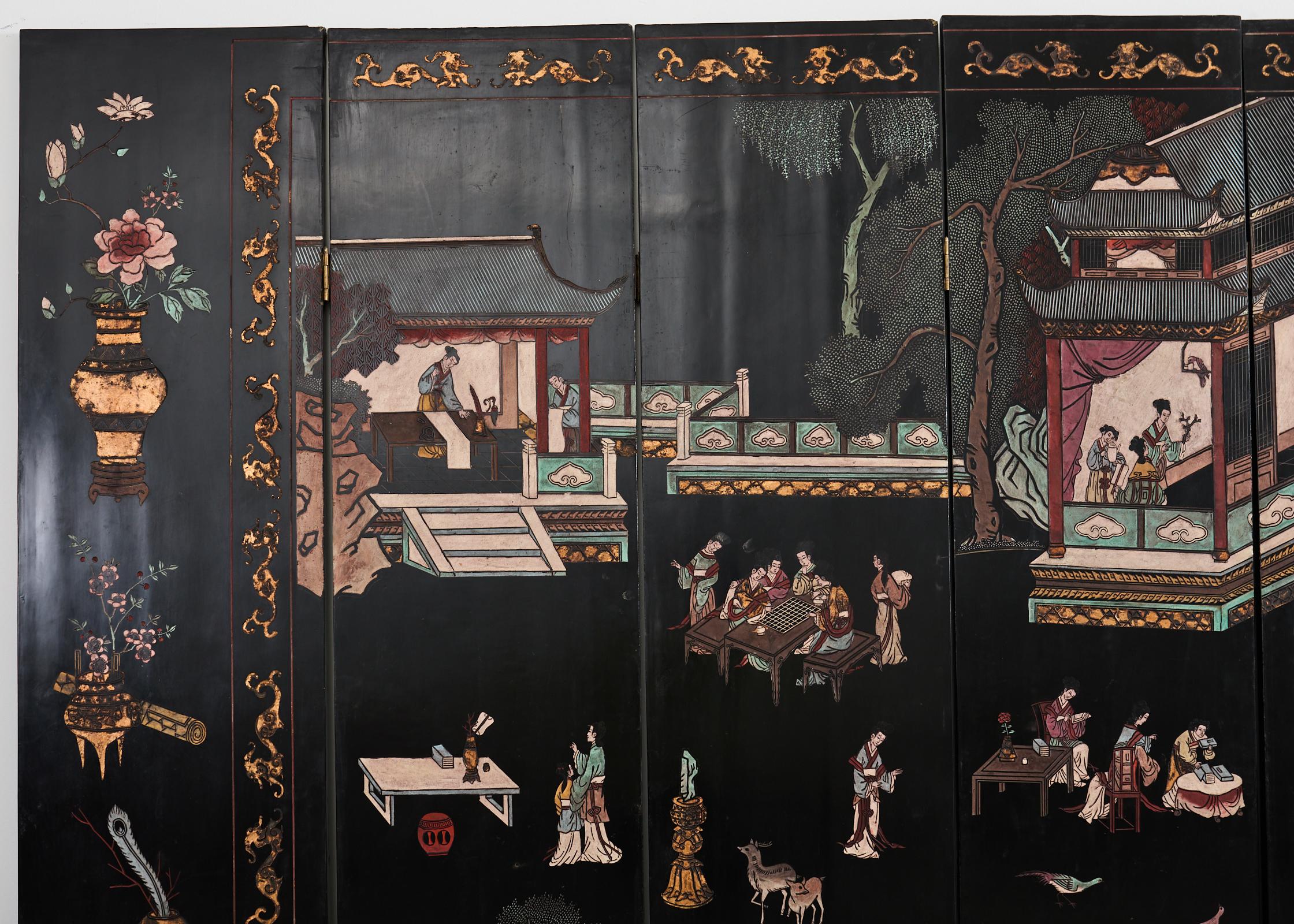 Ottone Esportazione cinese di otto pannelli Coromandel Screen Pagoda Courtyard in vendita