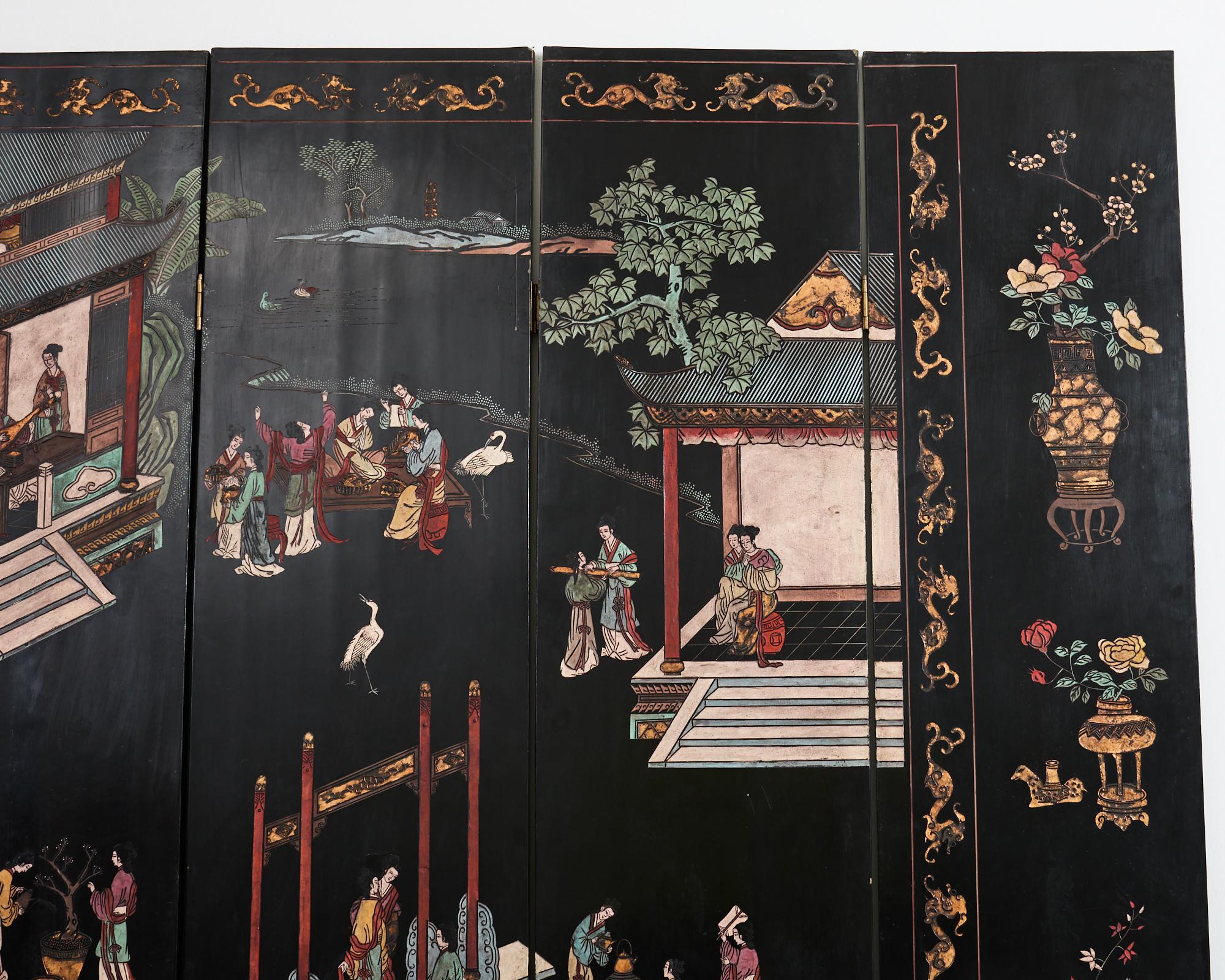 Esportazione cinese di otto pannelli Coromandel Screen Pagoda Courtyard in vendita 1