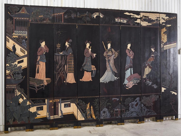Lacquered Chinese Export Eight Panel Coromandel Screen Six Beauties For Sale