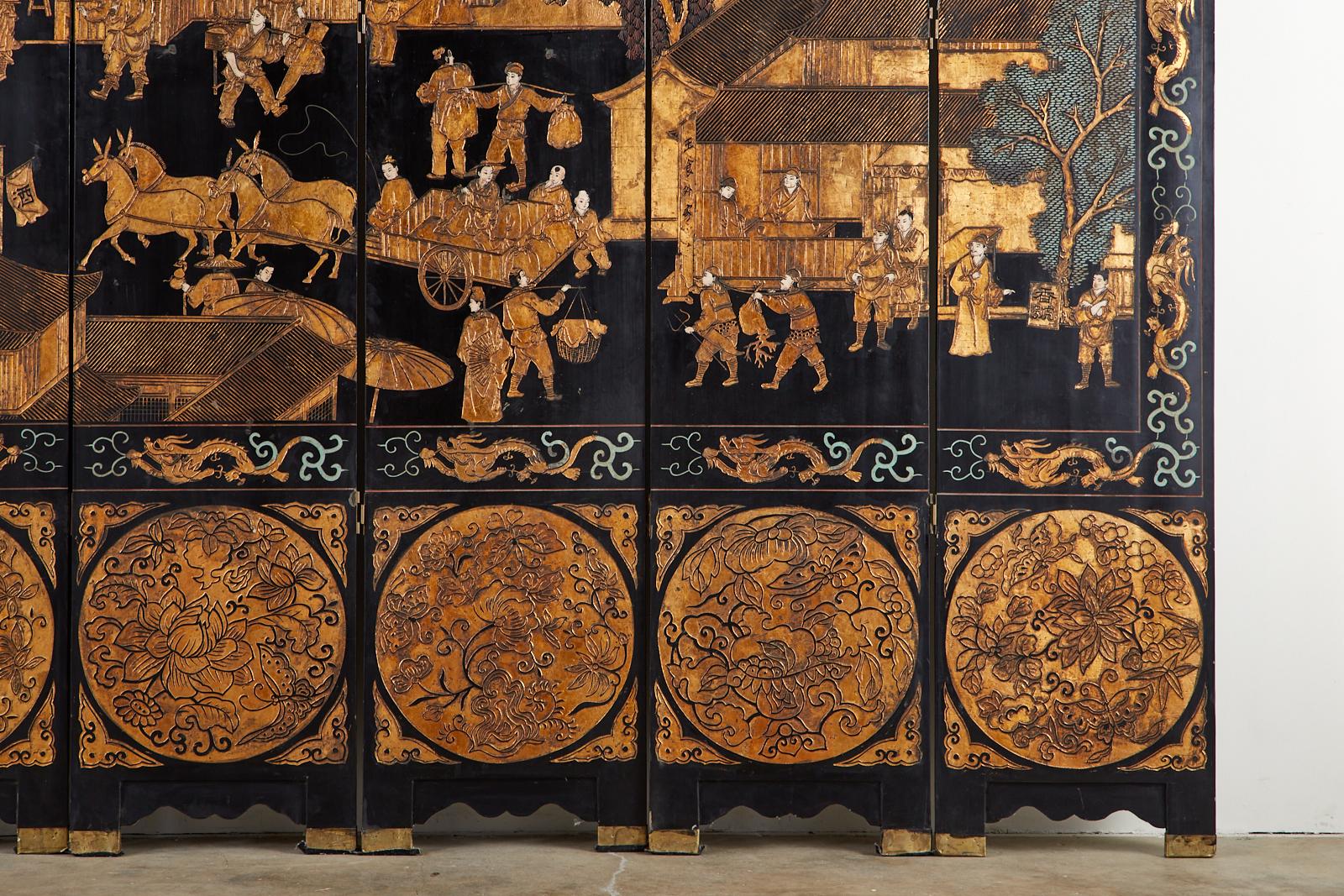 Chinese Export Eight-Panel Gilt Lacquered Coromandel Screen 3