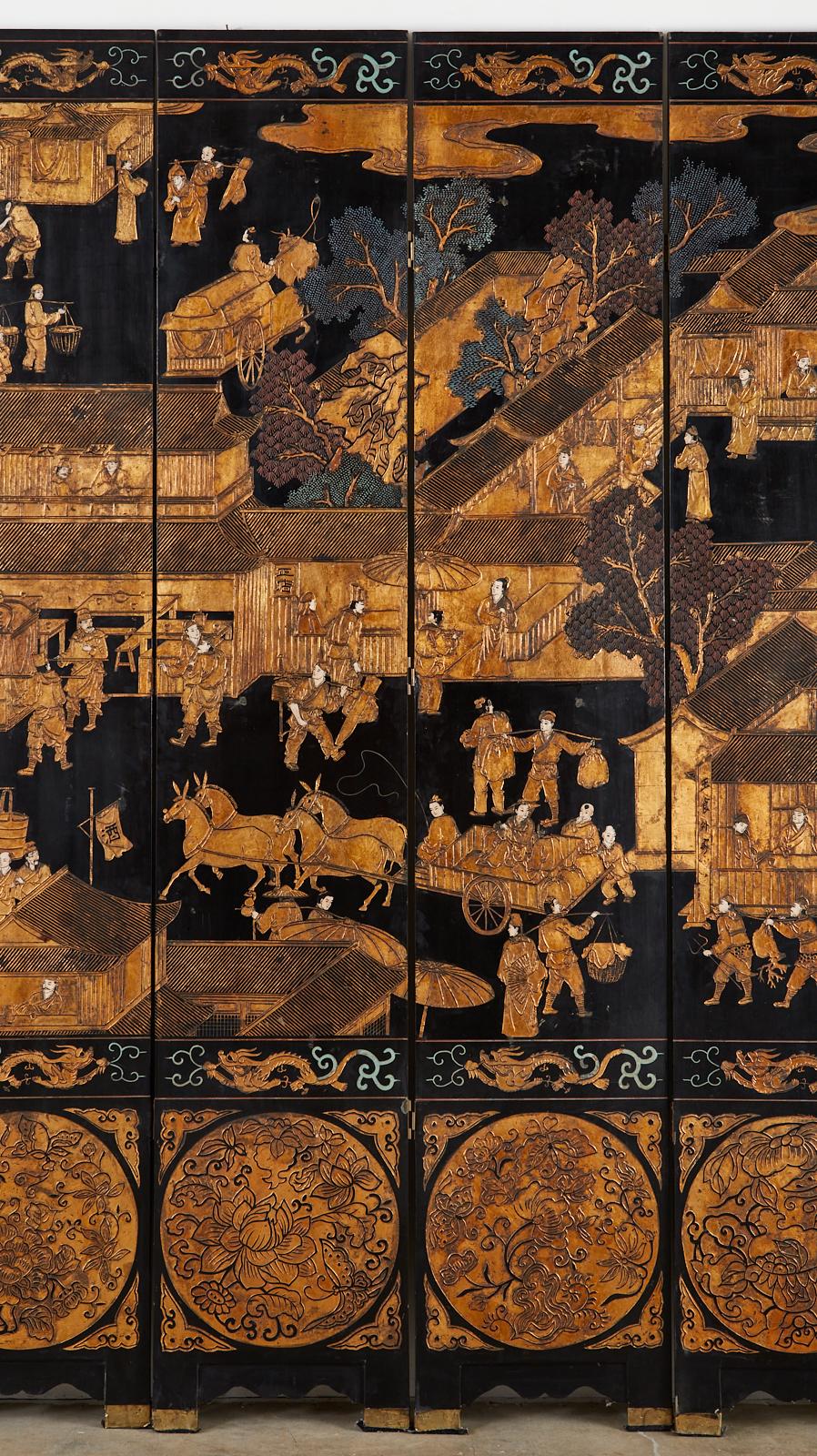 Chinese Export Eight-Panel Gilt Lacquered Coromandel Screen 5