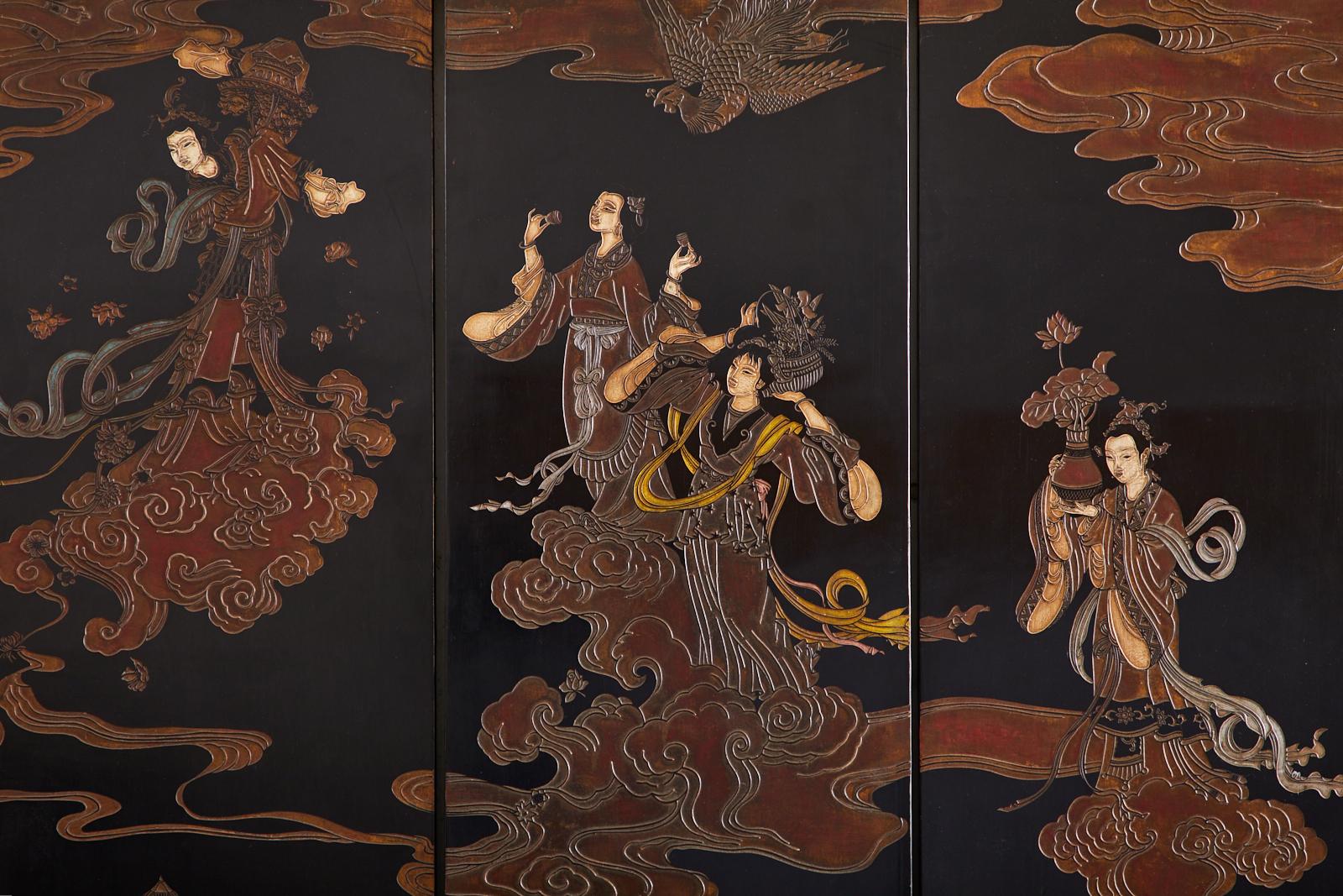 Chinese Export Eight Panel Lacquer Coromandel Screen of Xiwangmu 4