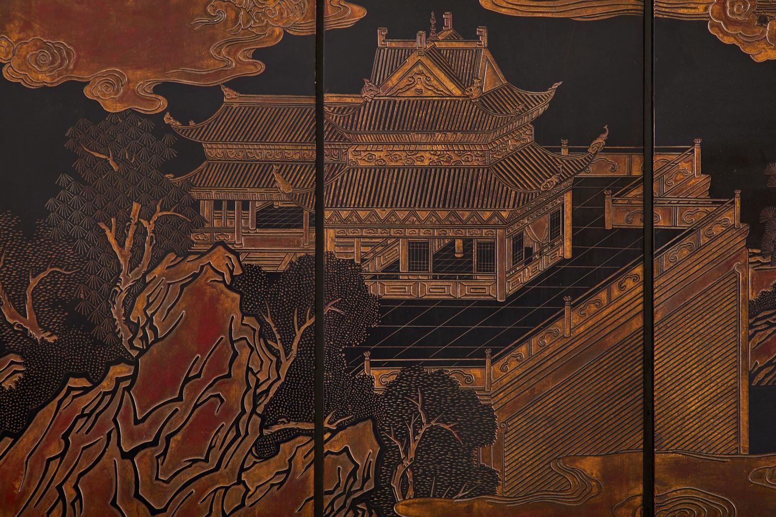 Chinese Export Eight Panel Lacquer Coromandel Screen of Xiwangmu 5