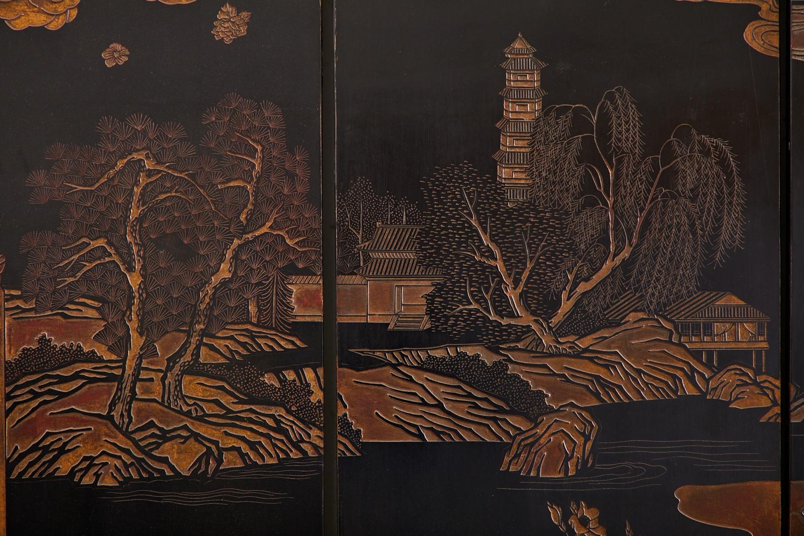 Chinese Export Eight Panel Lacquer Coromandel Screen of Xiwangmu 6