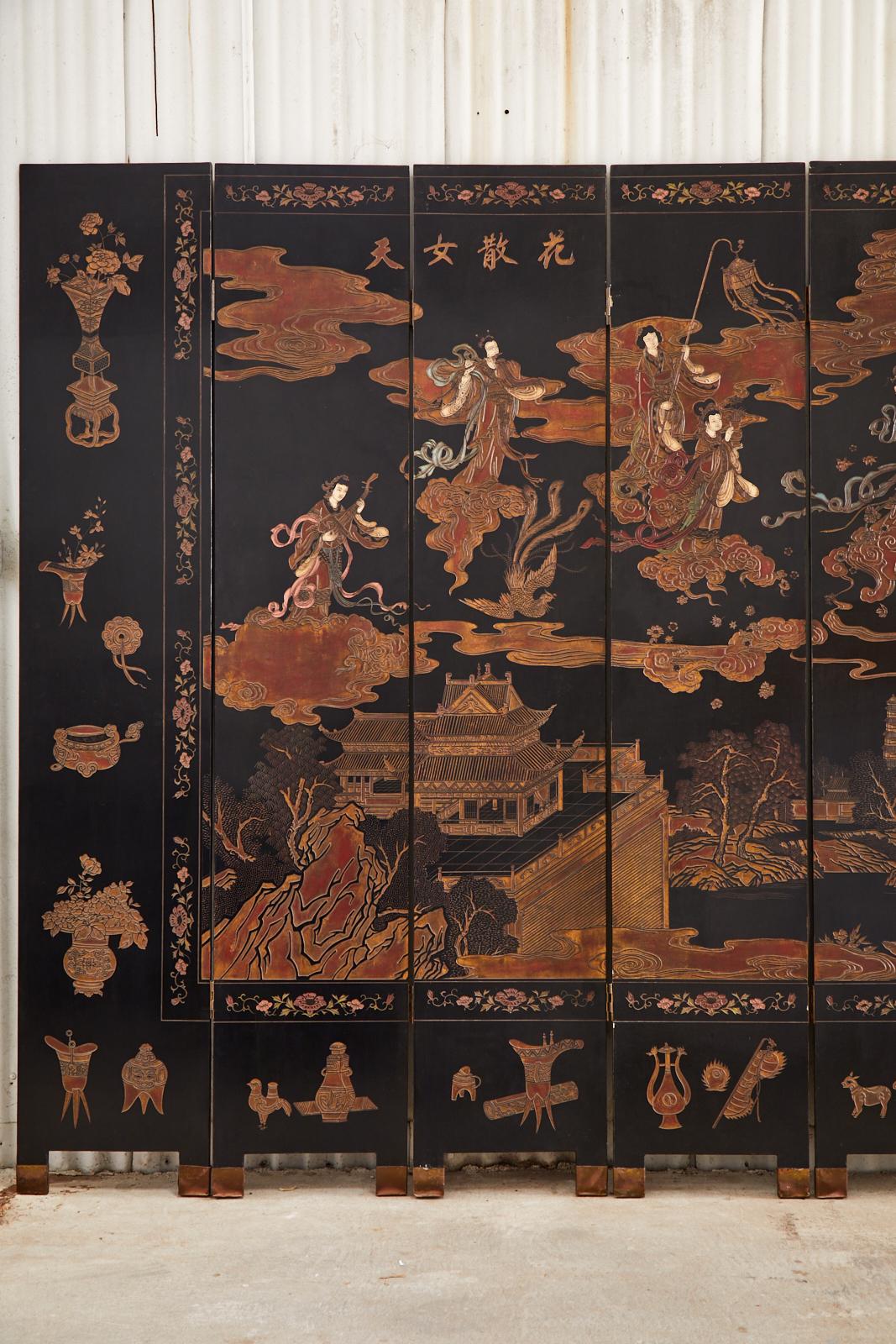 Lacquered Chinese Export Eight Panel Lacquer Coromandel Screen of Xiwangmu