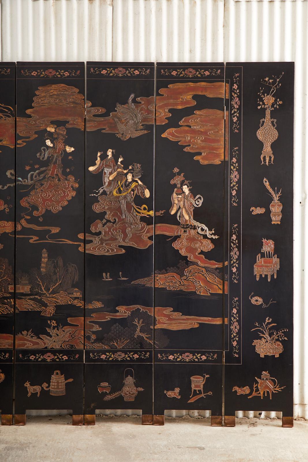 Chinese Export Eight Panel Lacquer Coromandel Screen of Xiwangmu In Good Condition In Rio Vista, CA