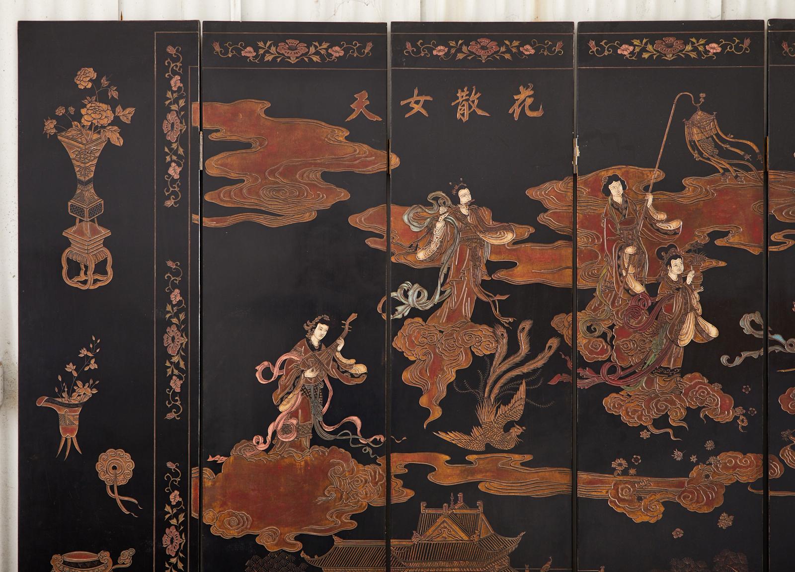 20th Century Chinese Export Eight Panel Lacquer Coromandel Screen of Xiwangmu