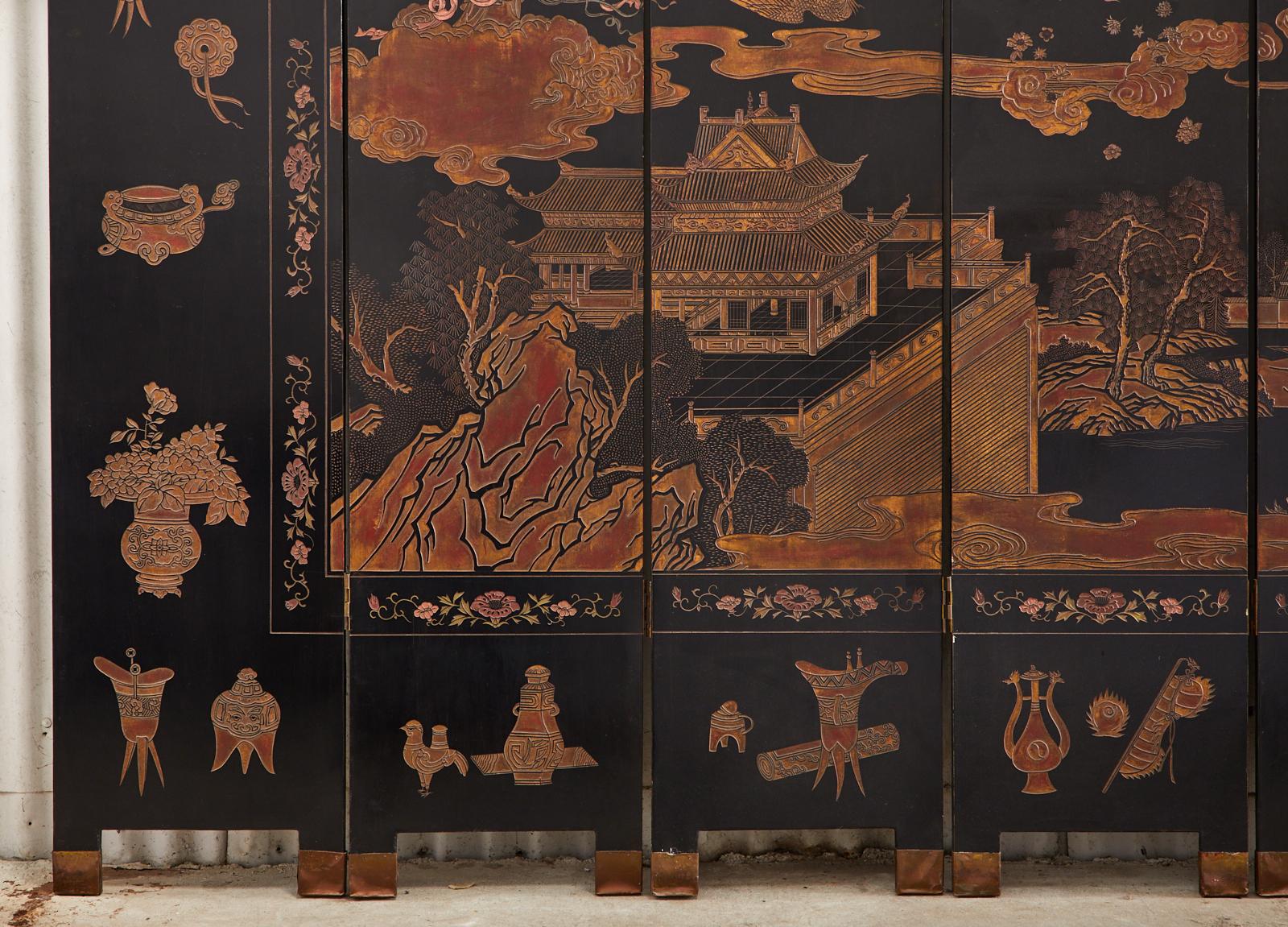 Wood Chinese Export Eight Panel Lacquer Coromandel Screen of Xiwangmu