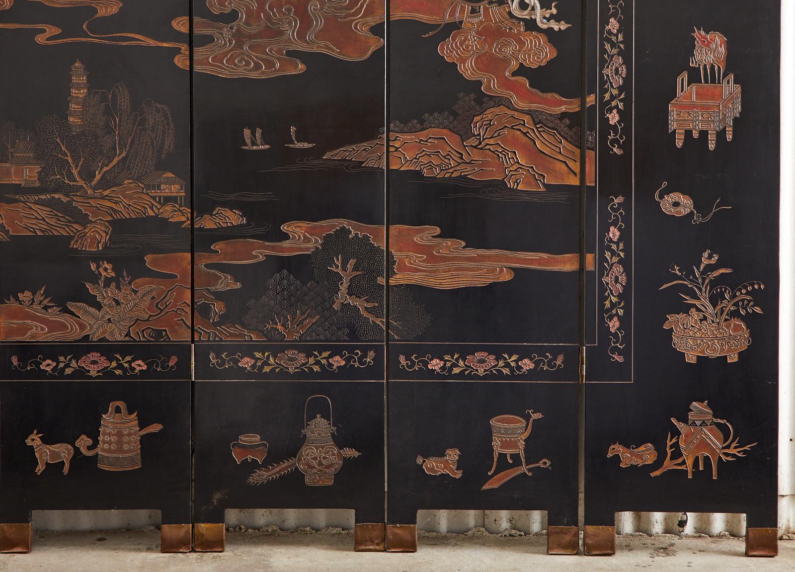 Chinese Export Eight Panel Lacquer Coromandel Screen of Xiwangmu 1