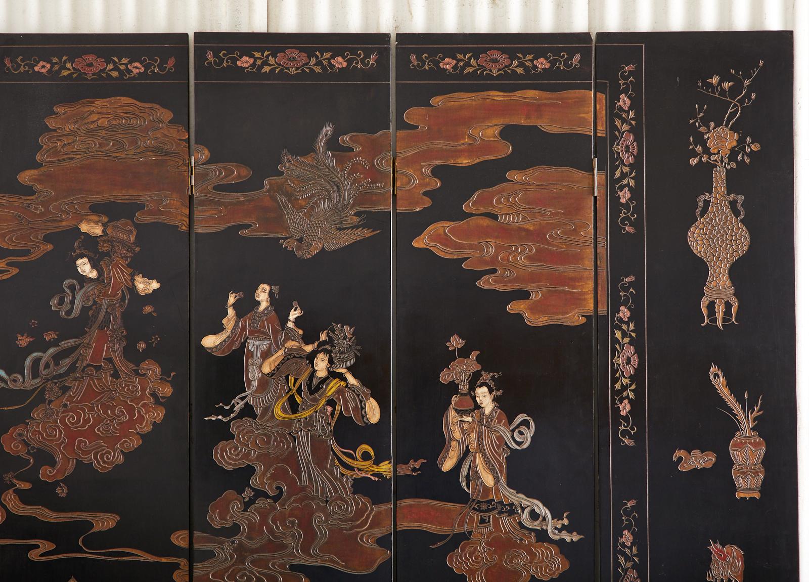 Chinese Export Eight Panel Lacquer Coromandel Screen of Xiwangmu 2