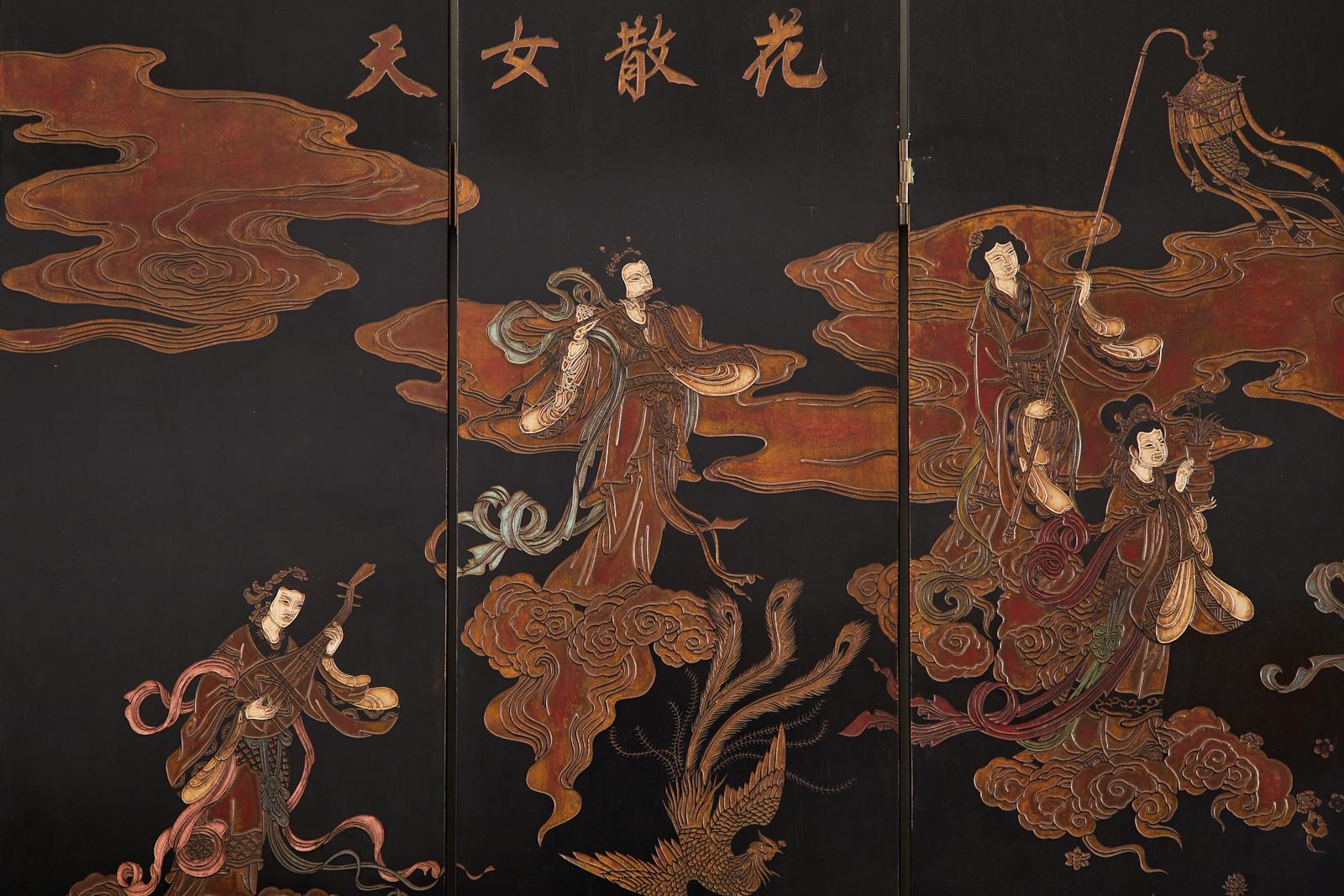 Chinese Export Eight Panel Lacquer Coromandel Screen of Xiwangmu 3