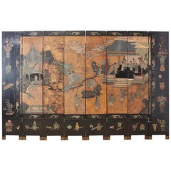 Chinese Export Eight-Panel Lacquer Gilt Coromandel Screen