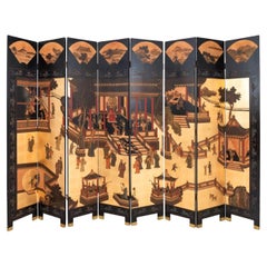 Vintage Chinese Export Eight-Panel Lacquered Coromandel Screen