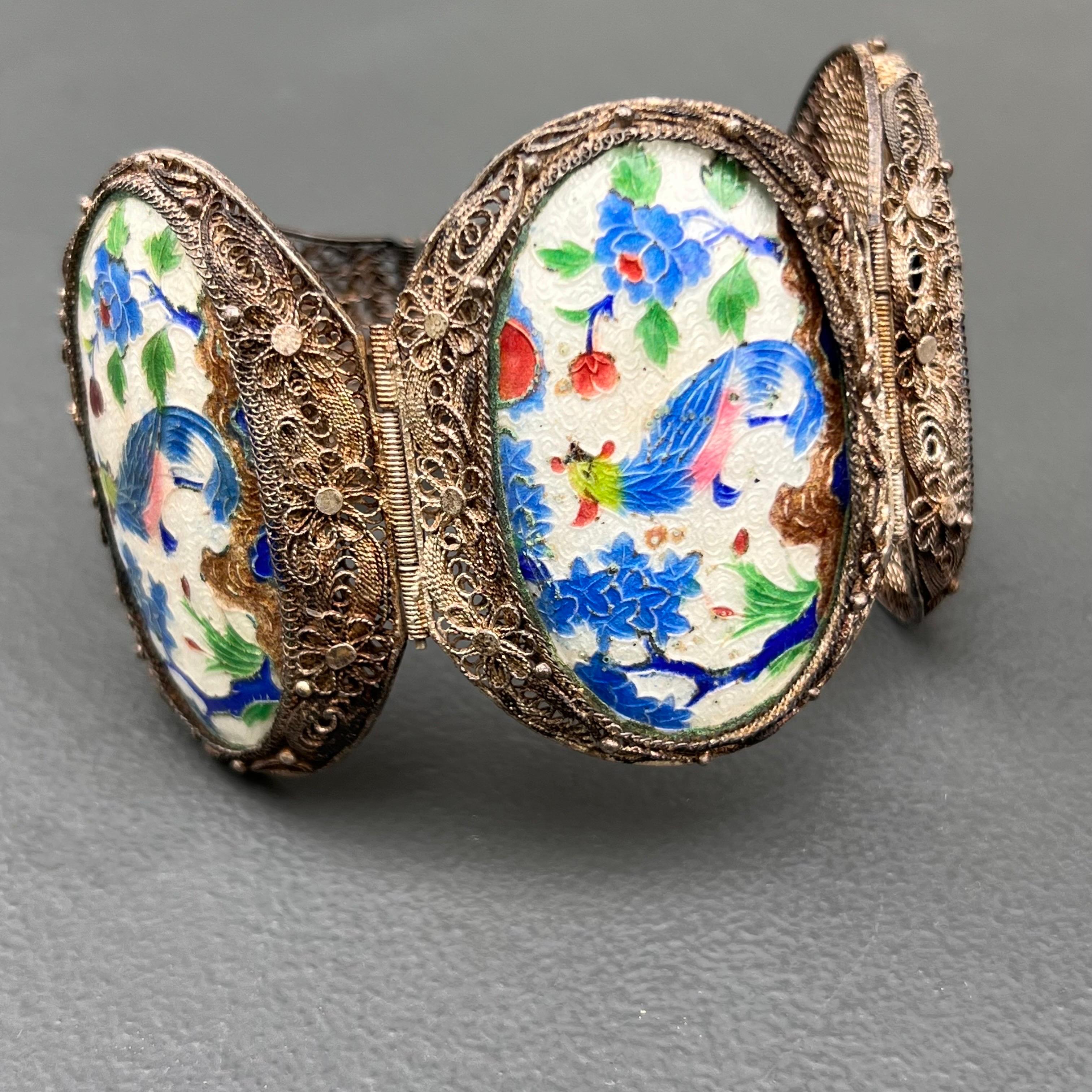 Wide Chinese Export Filigree Turquoise Bracelet - Bats