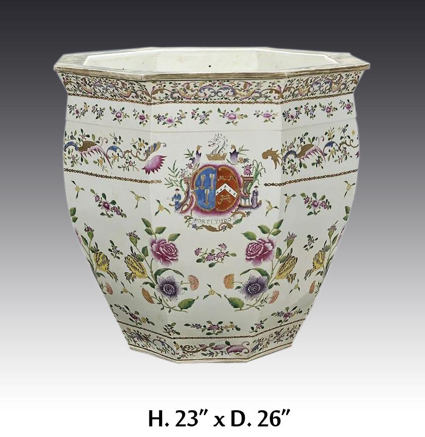 Beautiful large Chinese export style enameled porcelain octagonal fish bowl planter with coat of arms and floral motifs. finely painted..
 23
