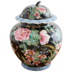 Vintage Chinese Export Famille Noir Porcelain Ginger Jar