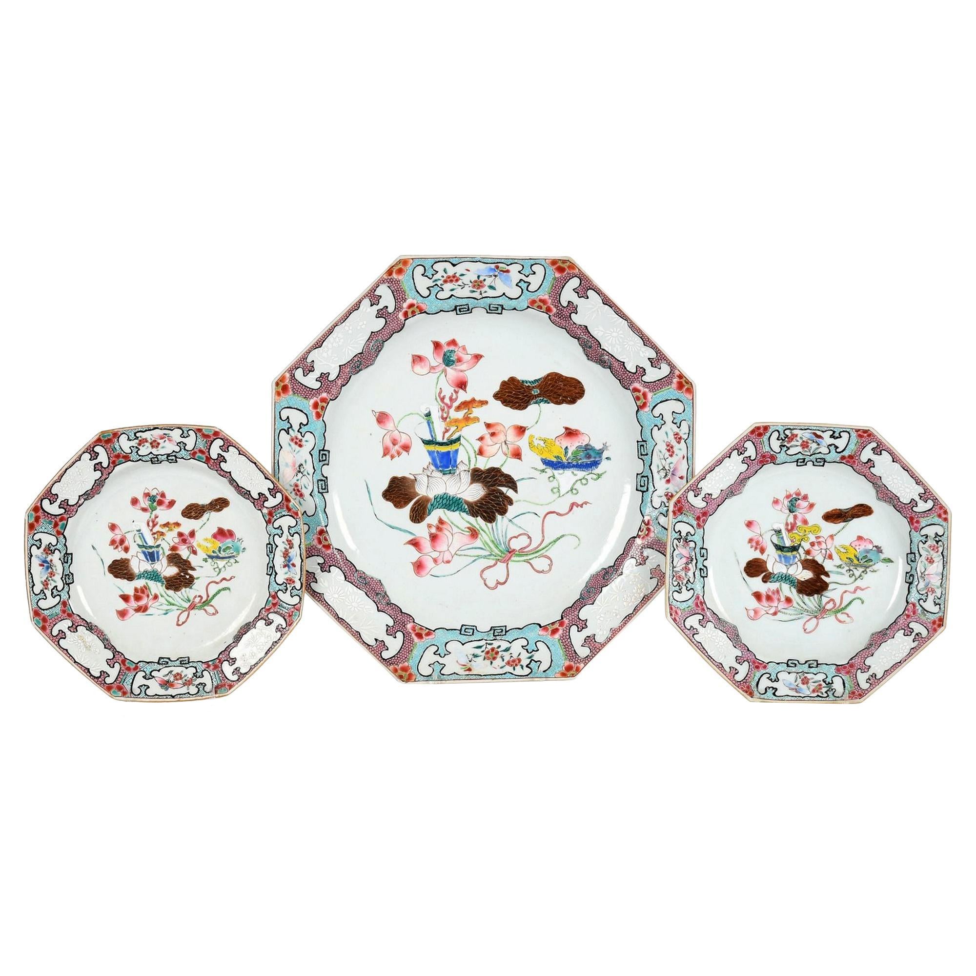 Chinese Export Famille Rose Octagonal Dish & Pair of Plates with Lotus Bouquet