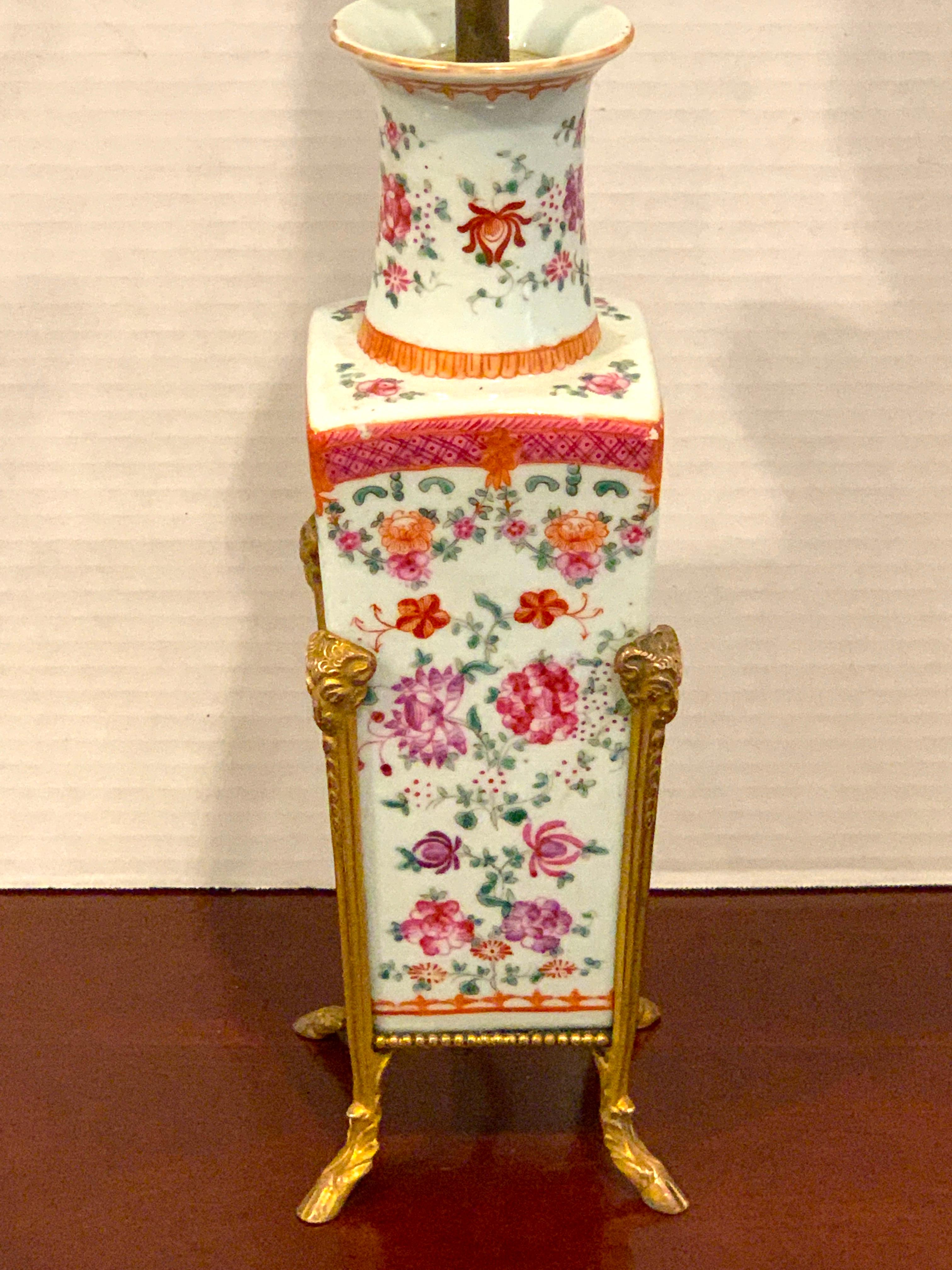 Hand-Painted Chinese Export Famille Rose Ormolu Mounted Vase, Now as a Lamp