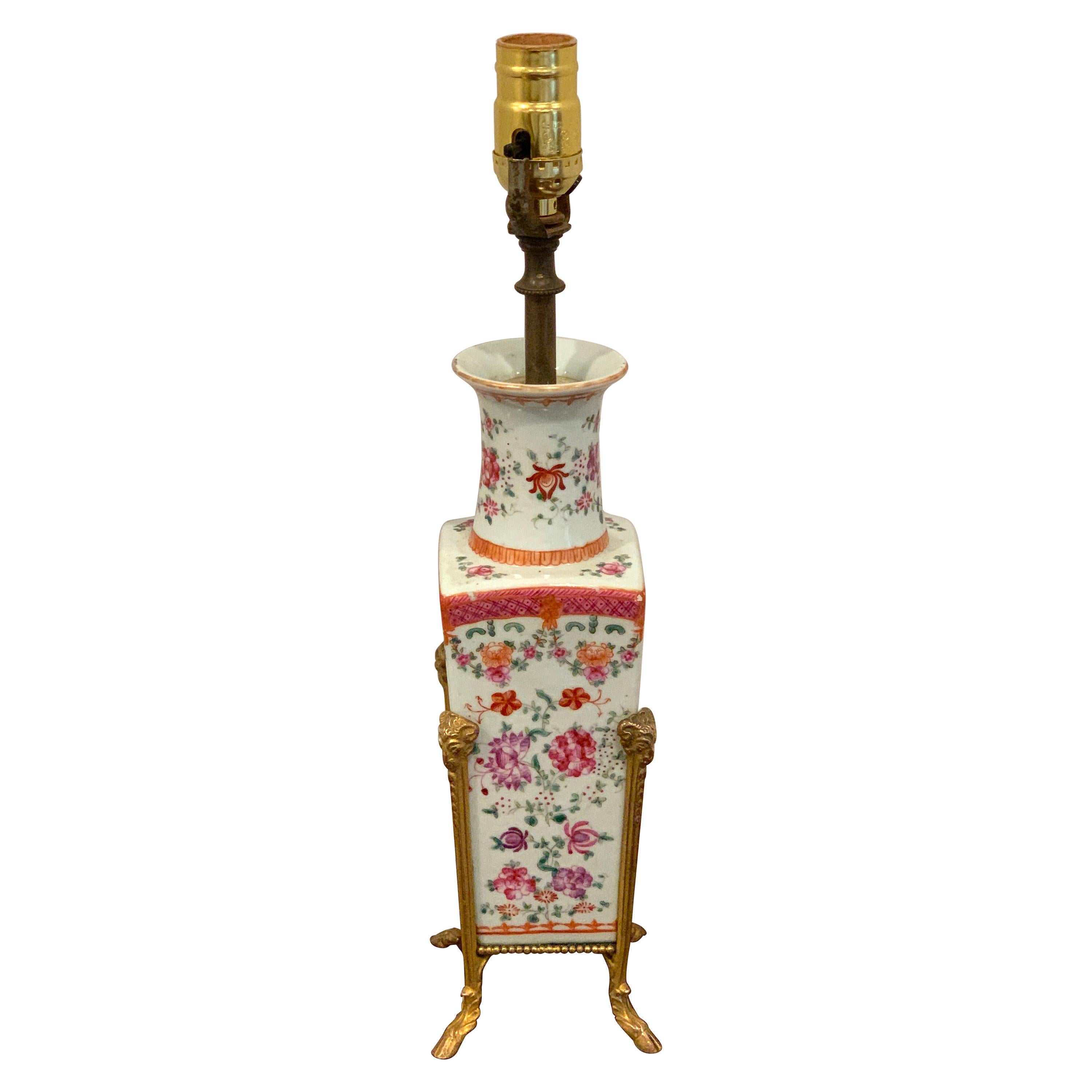 Chinese Export Famille Rose Ormolu Mounted Vase, Now as a Lamp