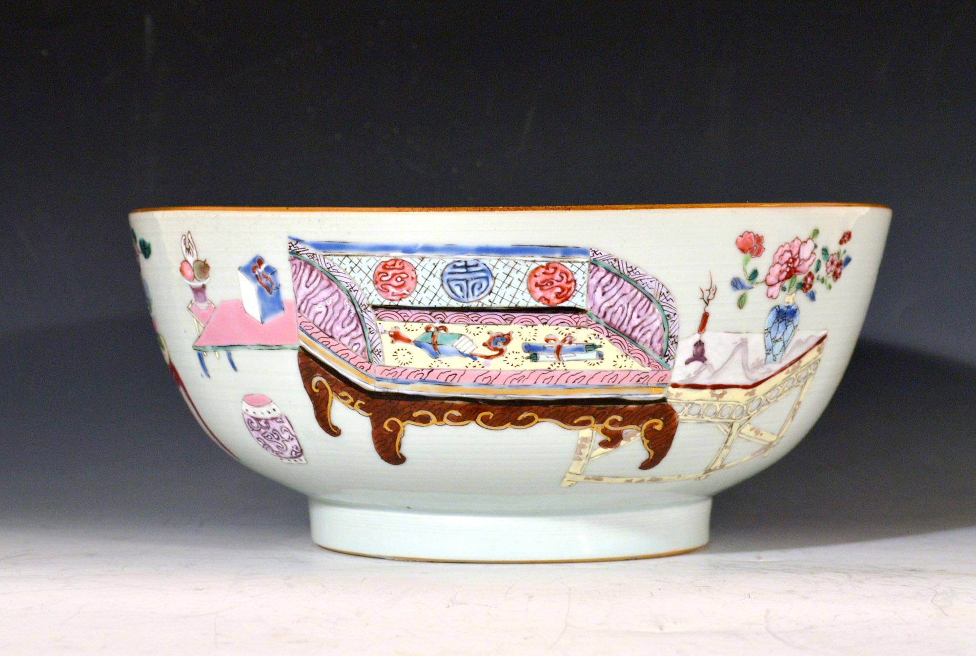 18th Century Chinese Export Porcelain Bowl with Chinese Domestic Furniture For Sale 5