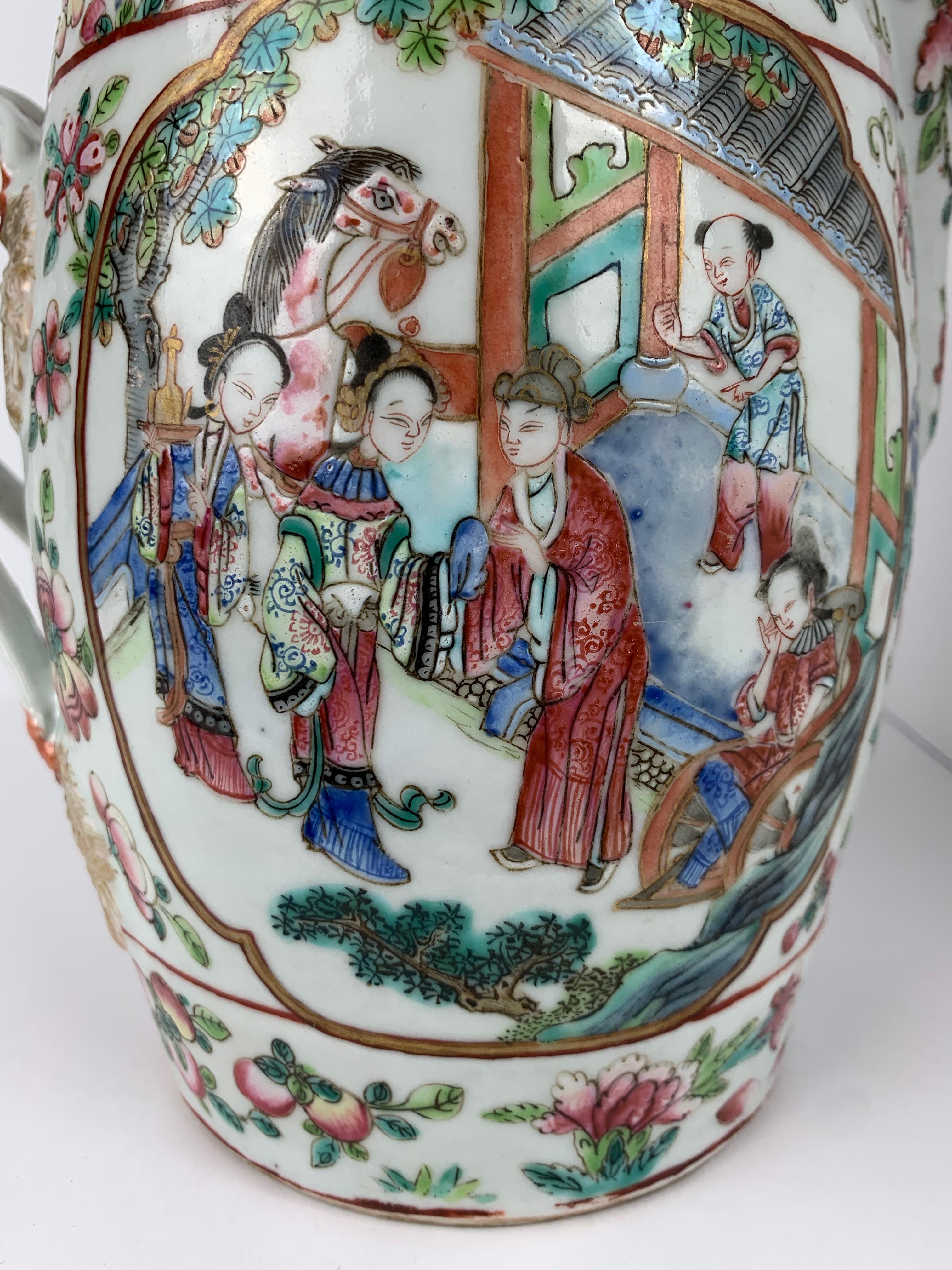 Enamel Chinese Export Rose Canton Mandarin Porcelain Cider Jug with Cover, 19th Century For Sale