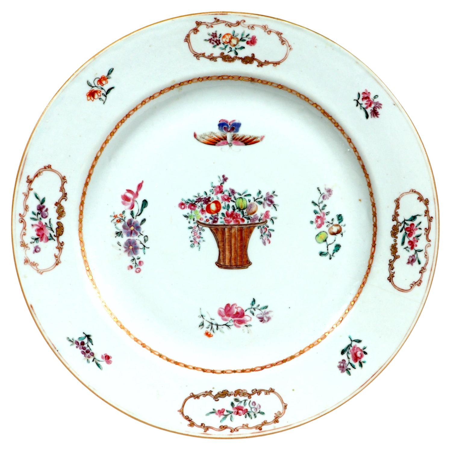 Chinese Export Famille Rose Porcelain Dish with Flower Basket & Butterfly For Sale