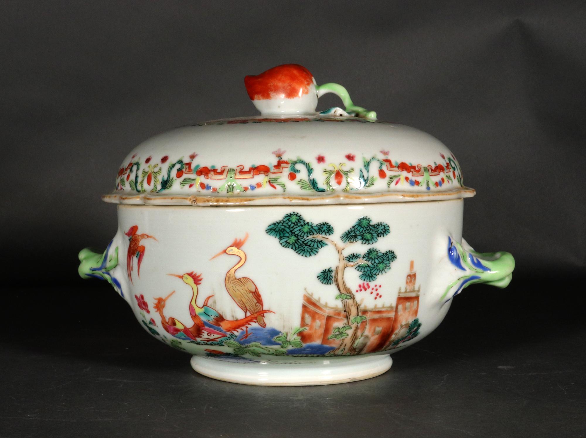 Chinese Export Famille Rose Circular Porcelain Tureen and Cover Painted with Cranes & Harbor Scene,
Circa 1745

The Chinese Export Famille Rose porcelain circular small tureen and cover is painted in a Meissen-style to front and back with a group of