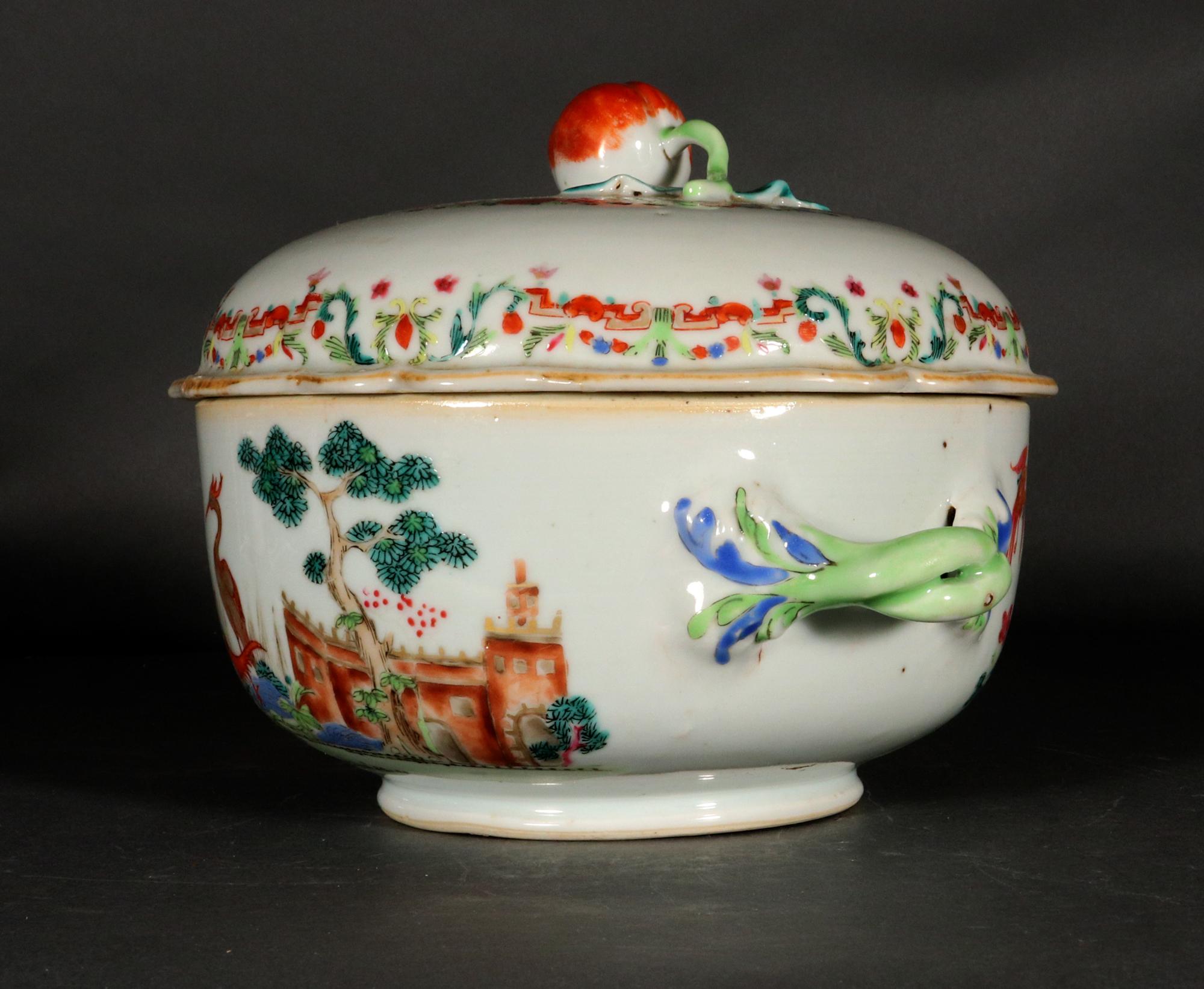 Mid-18th Century Chinese Export Famille Rose Porcelain Meissen-style Tureen and Cover For Sale