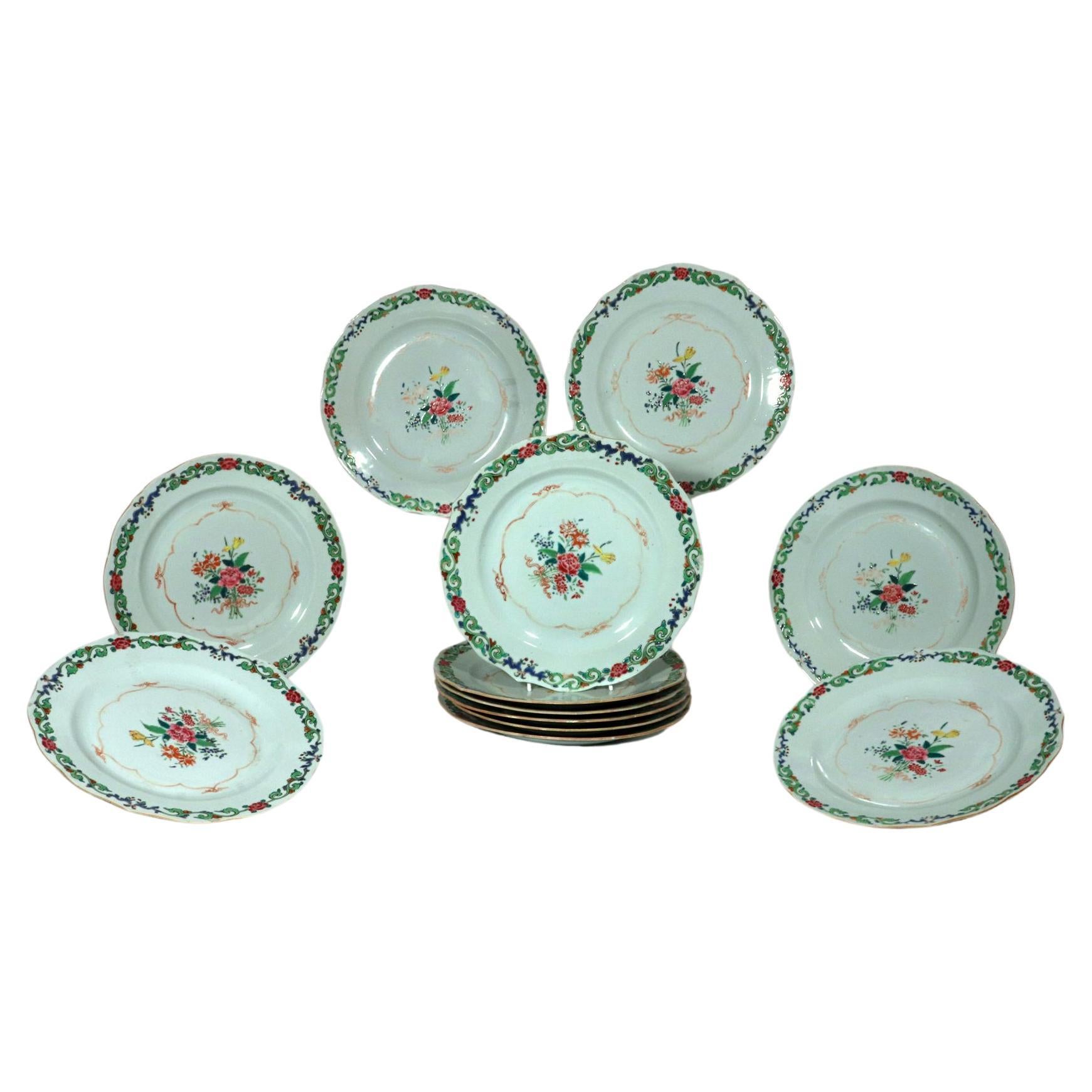 Chinese Export Famille Rose Porcelain Plates with Green Enamel, Set of Twelve