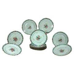 Antique Chinese Export Famille Rose Porcelain Plates with Green Enamel, Set of Twelve