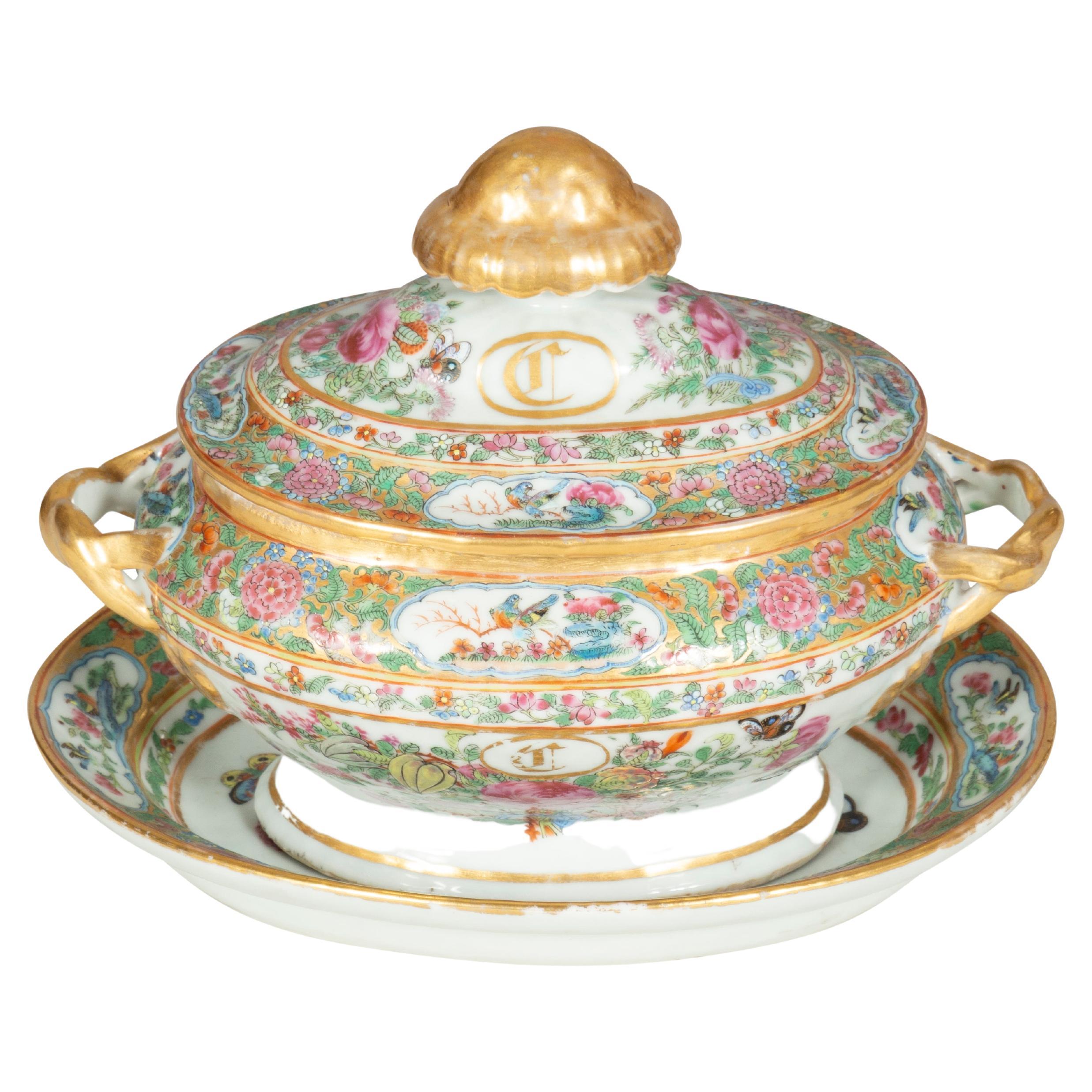 Chinese Export Famille Rose Porcelain Sauce Tureen And Underplate For Sale