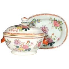 Chinese Export Famille Rose Tureen, Cover and a Stand, circa 1765