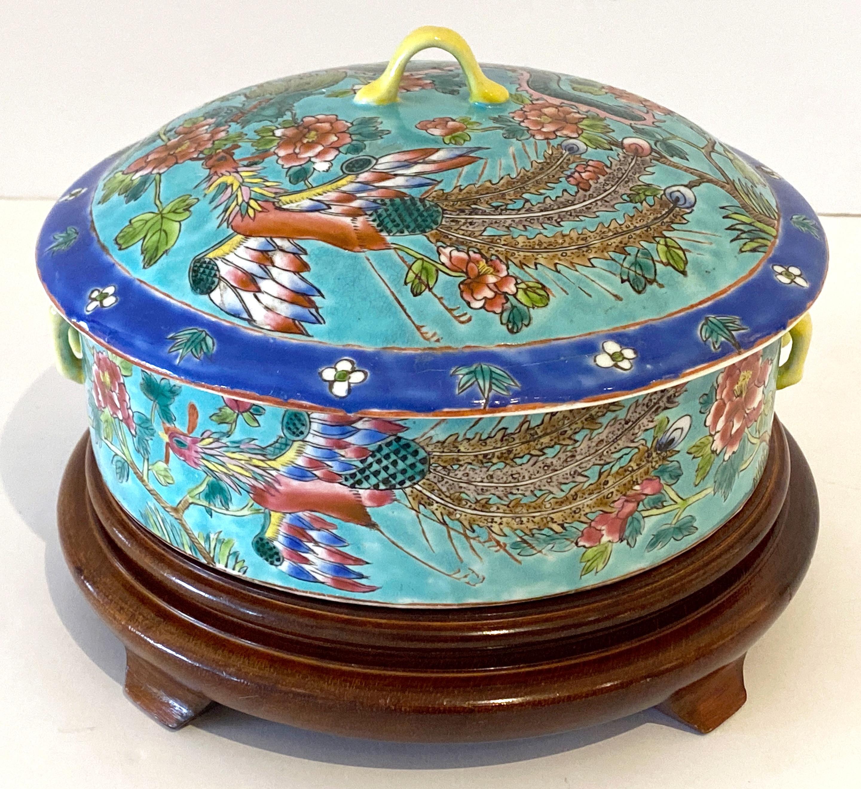 Carved Chinese Export Famille Verte Box/Tureen with Stand, Late Qing For Sale