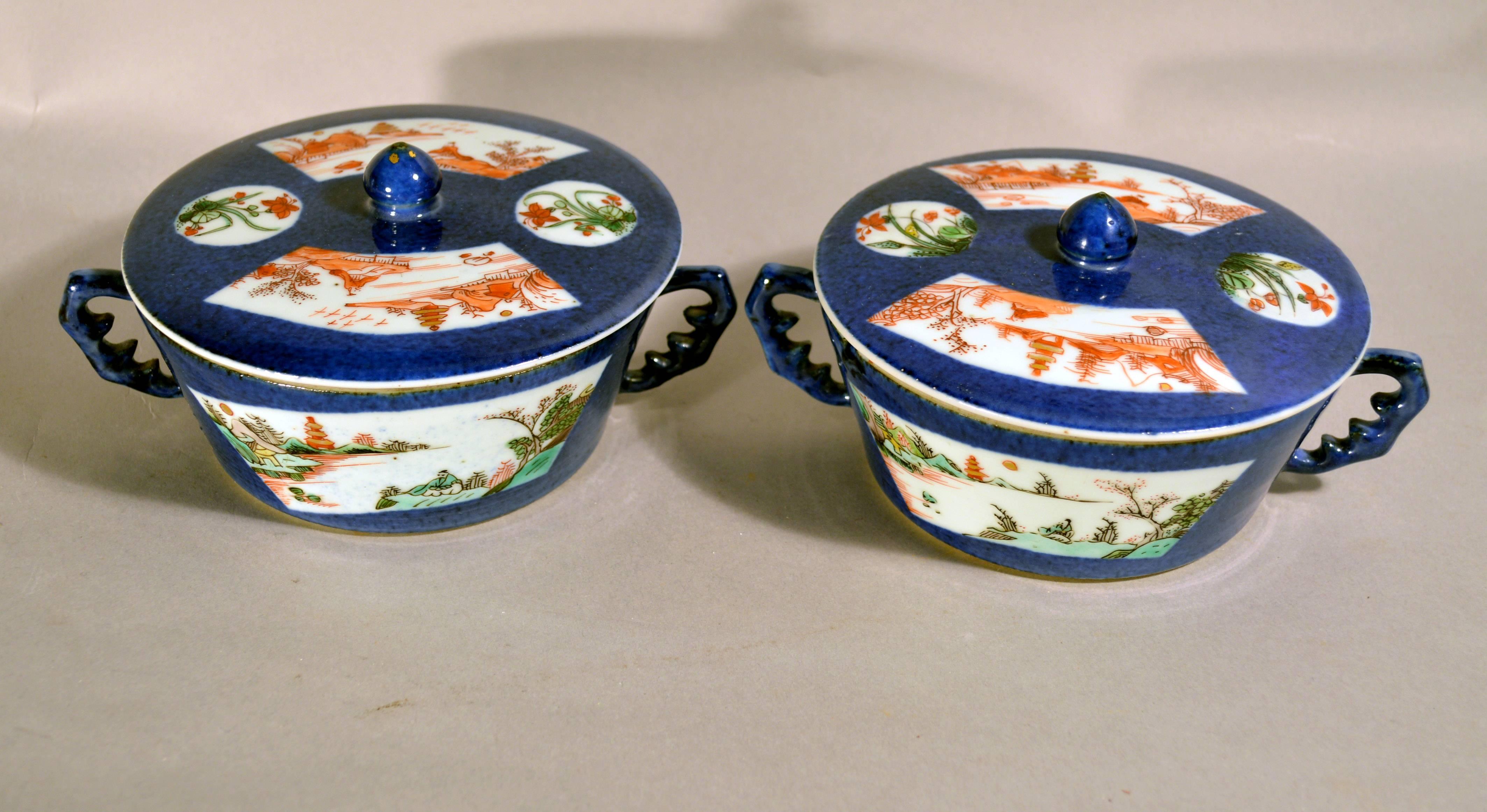 Chinese Export Famille Verte & Mazarine Blue Porcelain SauceTureens and Covers, 
Kangxi Period,
Circa 1720.

The Chinese porcelain circular butter tubs and covers have a mazarine blue ground with fan-shaped panels with famille verte decoration