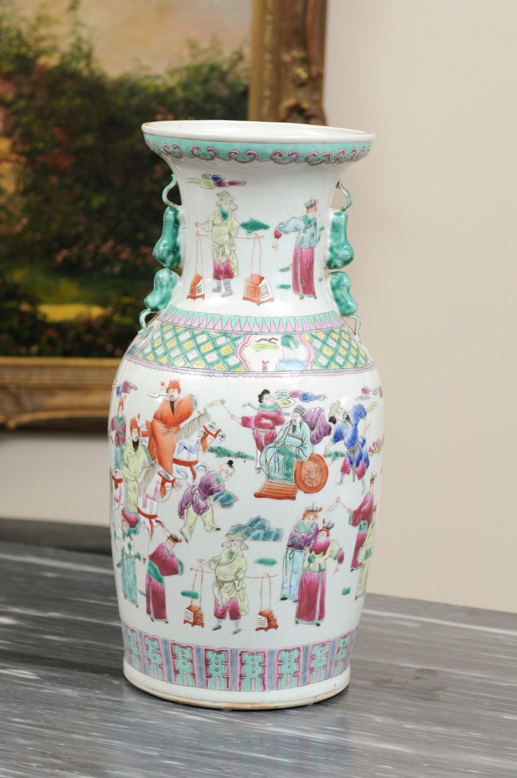 This beautiful large Famille Verte vase is decorated with scholars and government officials in various activities .Based on the design of the vase and quality of decoration it is believed to be made in  the mid Republic period , 1912-1949. Lion