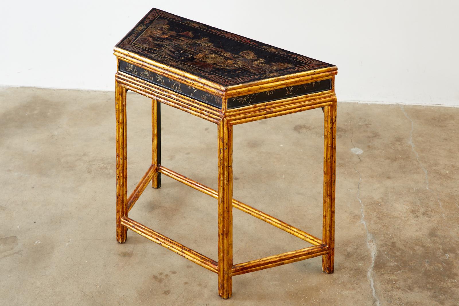 Ebonized Chinese Export Faux Bamboo Gilt Lacquered Console Table