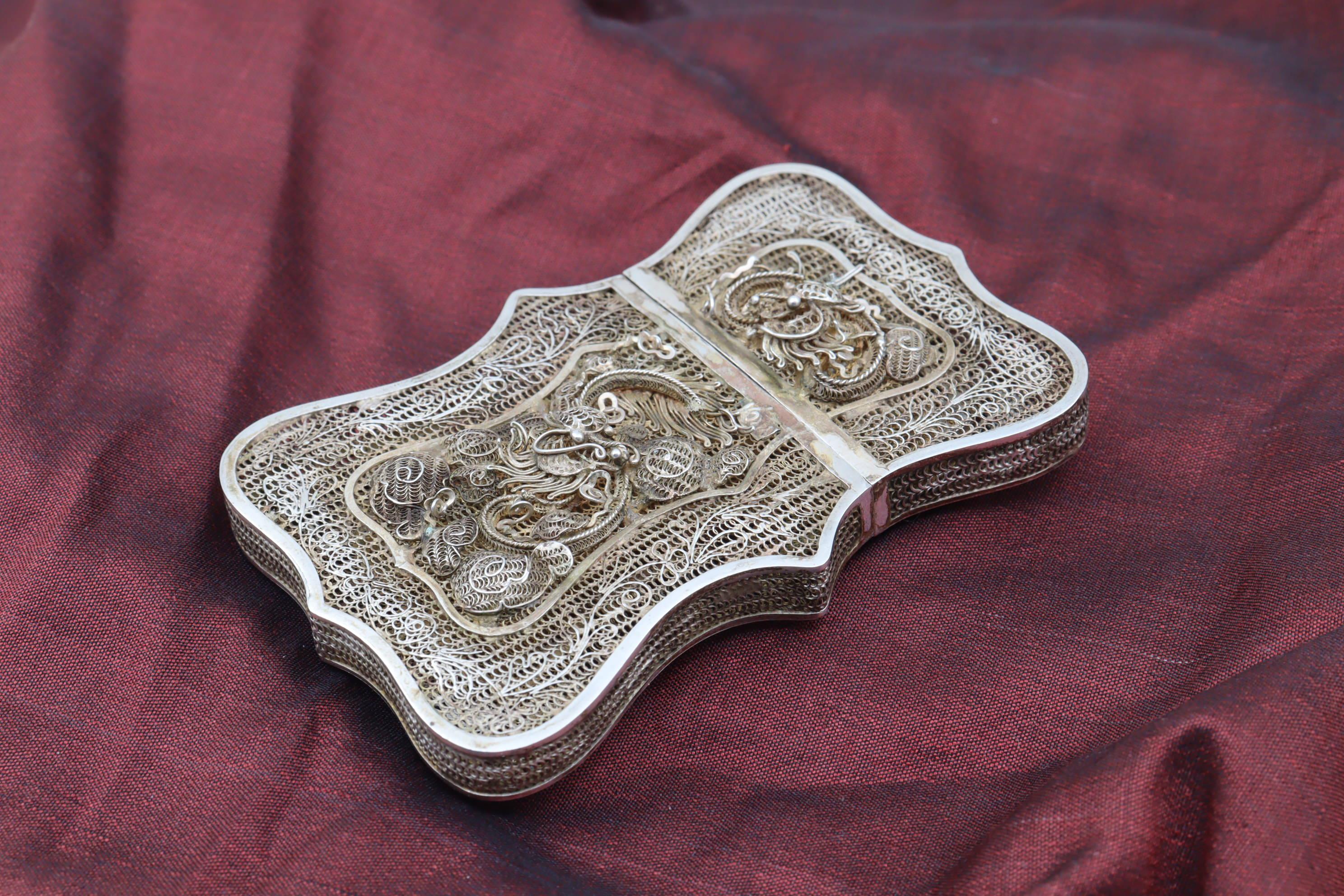 Chinoiserie Chinese Export Filigree Silver Gilt Card Case For Sale