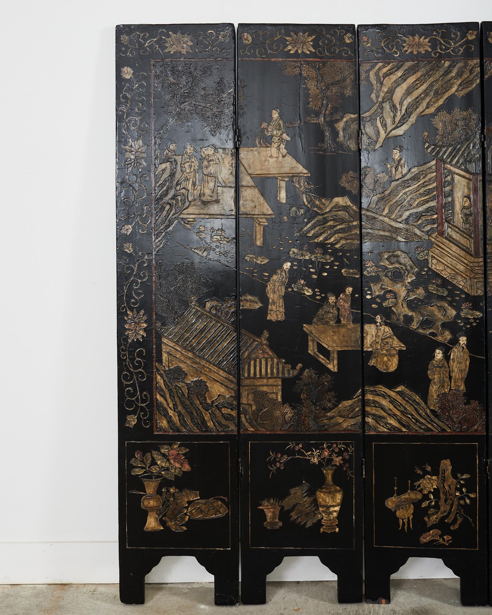 Lacquered Chinese Export Five Panel Coromandel Screen Pagoda Landscape For Sale