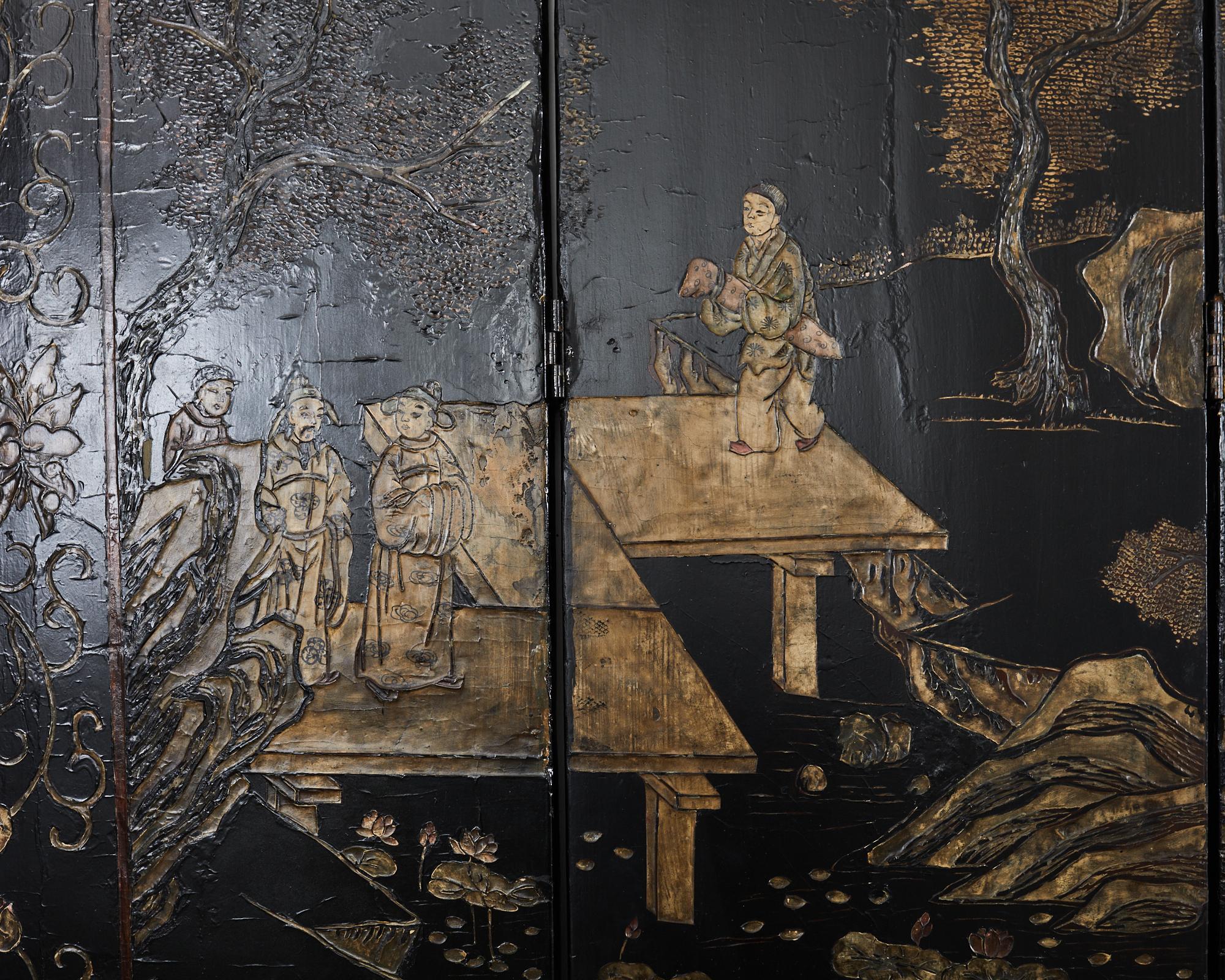 20th Century Chinese Export Five Panel Coromandel Screen Pagoda Landscape For Sale