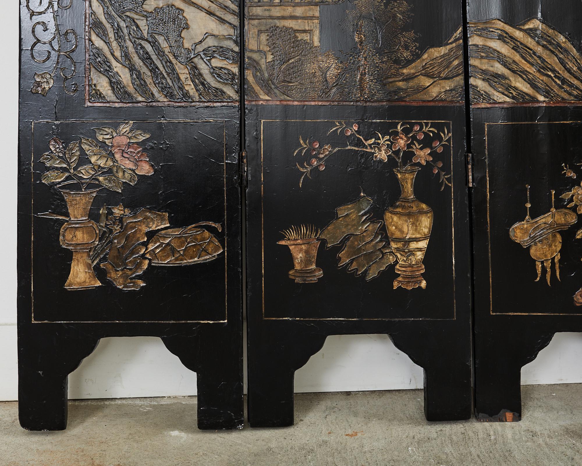 Brass Chinese Export Five Panel Coromandel Screen Pagoda Landscape For Sale