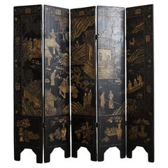 Chinese Export Five Panel Coromandel Screen Pagoda Landscape