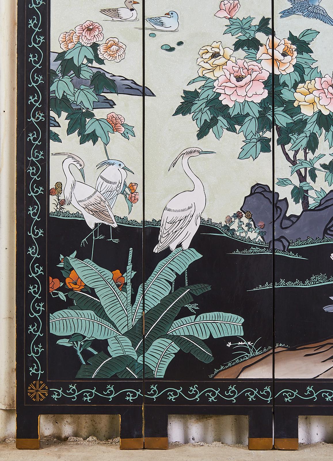 Chinese Export Flora and Fauna Lacquered Coromandel Screen 5