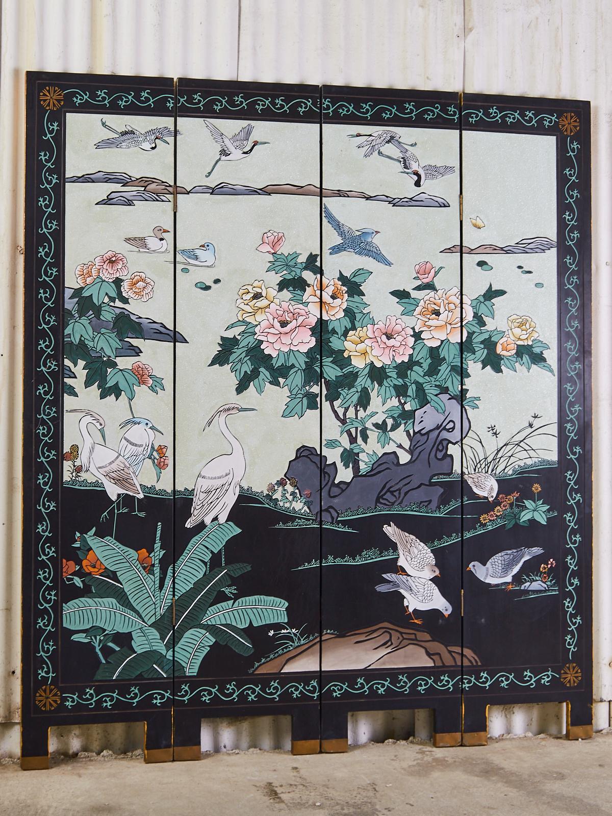 20th Century Chinese Export Flora and Fauna Lacquered Coromandel Screen