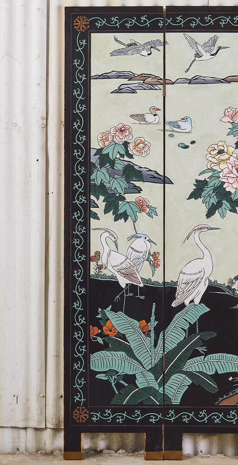 Brass Chinese Export Flora and Fauna Lacquered Coromandel Screen For Sale