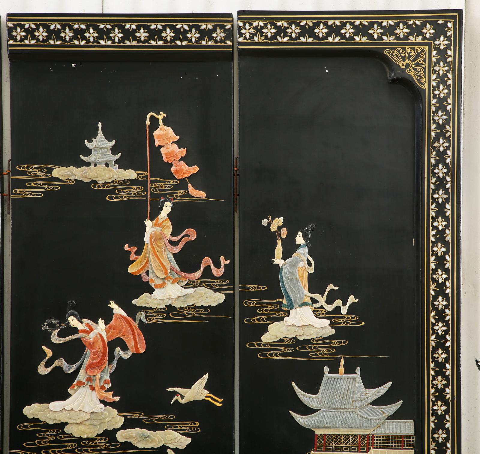 Chinese Export Four Panel Carved Soapstone Coromandel Screen 4