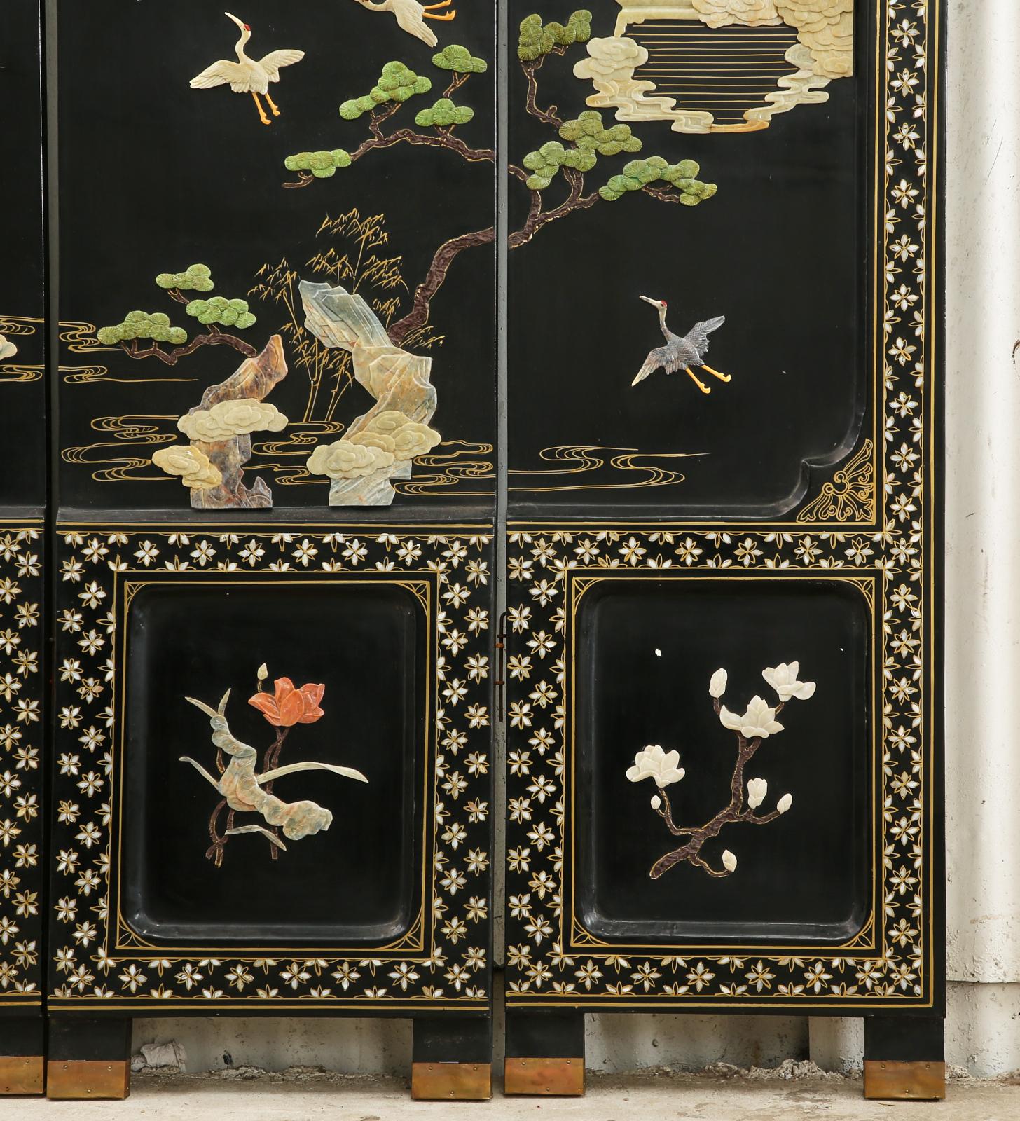 Chinese Export Four Panel Carved Soapstone Coromandel Screen 5