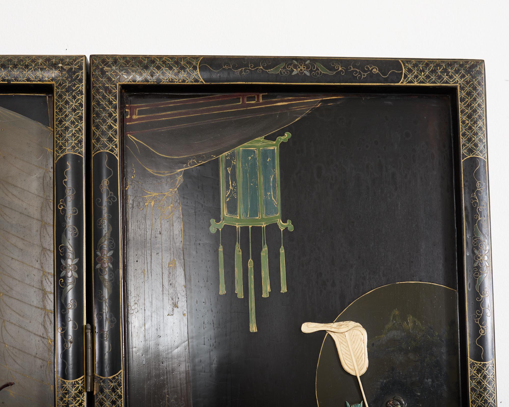 Chinese Export Vier Panel geschnitzt Speckstein Coromandel Bildschirm im Angebot 3