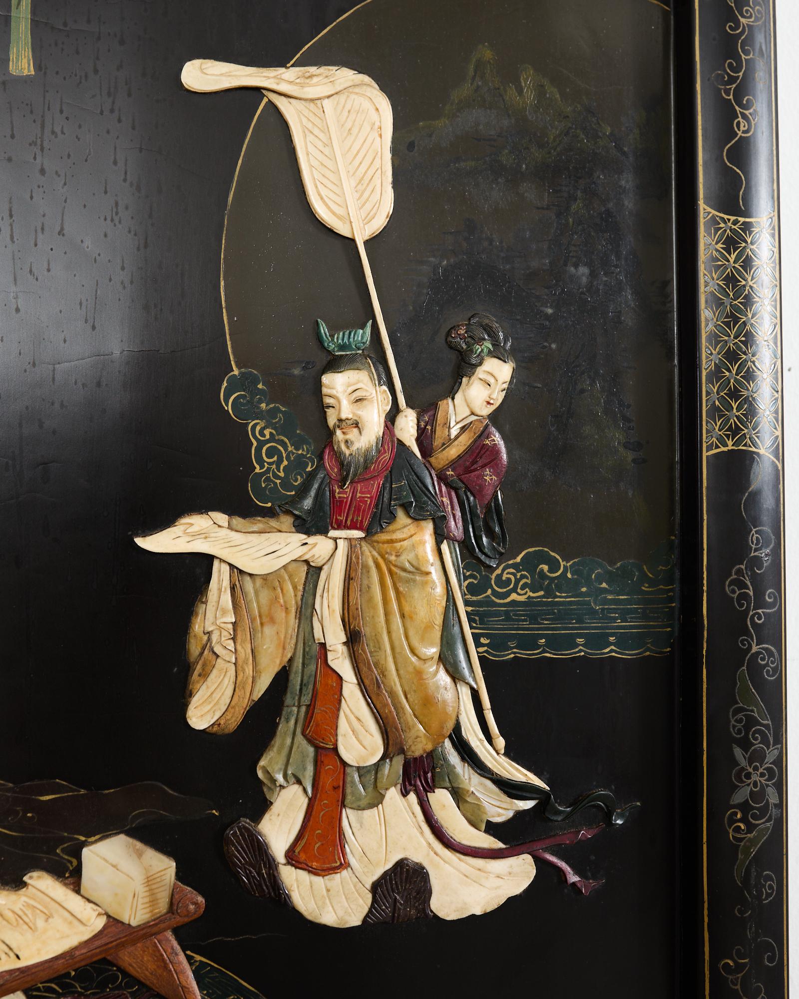 Chinese Export Vier Panel geschnitzt Speckstein Coromandel Bildschirm im Angebot 4