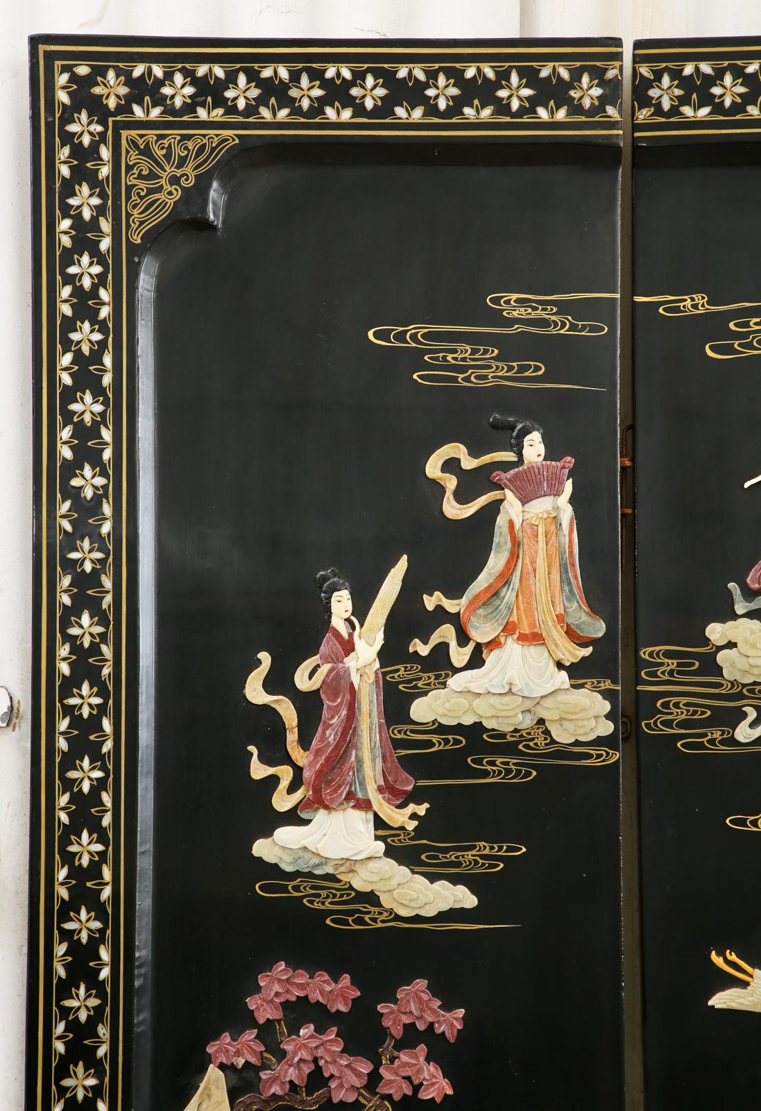 Chinese Export Four Panel Carved Soapstone Coromandel Screen 7